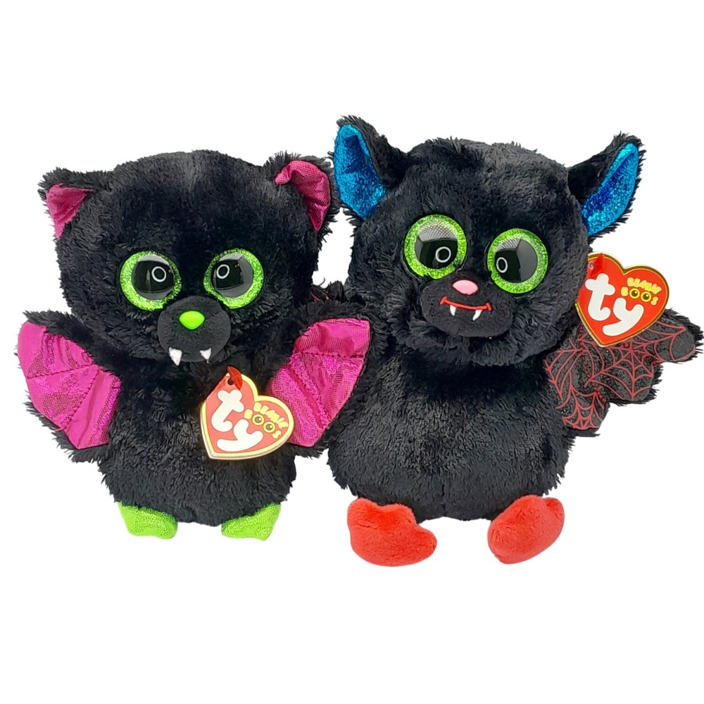 Ty Beanie Boos Igor and Ophelia Halloween Bat Plush Set Black Pink Blue Green
